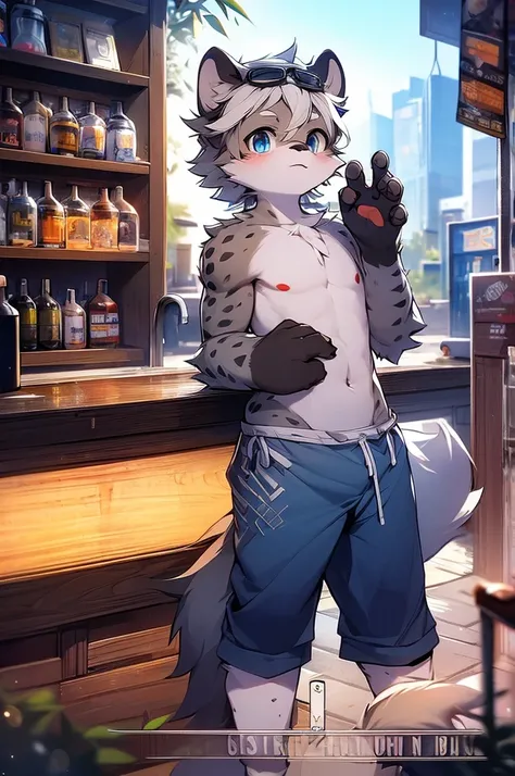 Hyena Boy，Gray fur，Topless, mammal, hairy，Gray Eyes，bar，goggles，moon tattoo，Cover your crotch with your hands，Bartender，Star decoration，Transparent swimming trunks quality