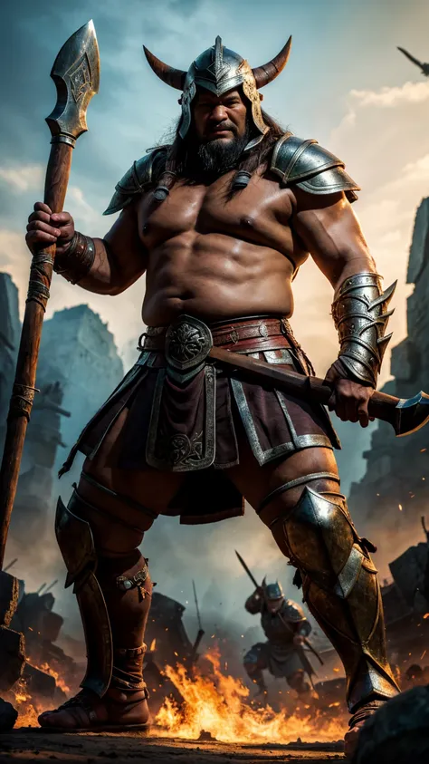 looking at me, face focus, a robust build villain barbarian, mid combat, He is a ferocious Japanese fat barbarian, intense battle scene, leather and iron armor, armored short skirt, viking helmet, holding a double edged ancient legendary axe, legs exposed ...