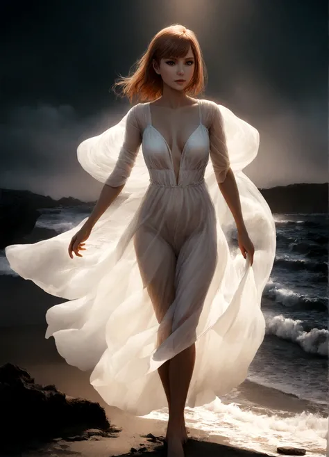 A beautiful 20-year-old Kate Mara, ethereal, ghostly, dressed in sheer near-nude billowing fabrics, a haunting beauty walking just above the ground on a moonlit night, coastal scene, dramatic lighting, volumetric fog, intricate details, cinematic, highly d...