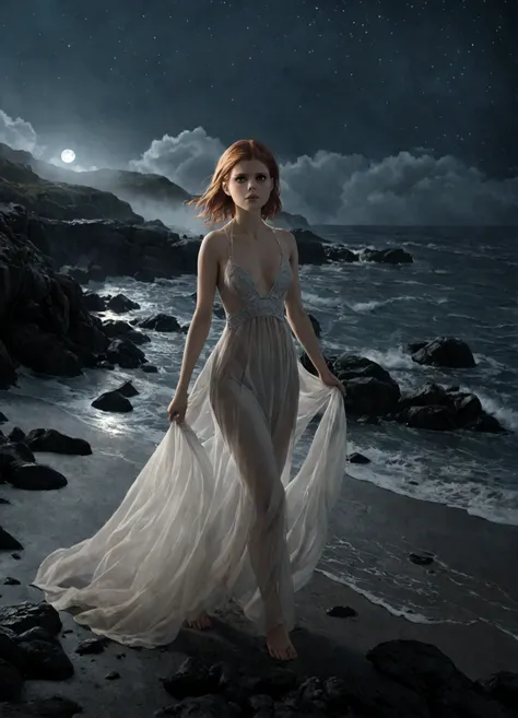 A beautiful 20-year-old Kate Mara, ethereal, ghostly, dressed in sheer near-nude billowing fabrics, a haunting beauty walking just above the ground on a moonlit night, coastal scene, dramatic lighting, volumetric fog, intricate details, cinematic, highly d...