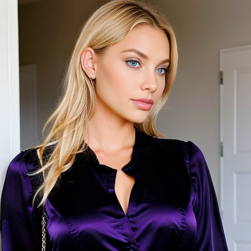 beautiful blonde dressed in purple and black evening outfit and black blue eyes gorgeous woman