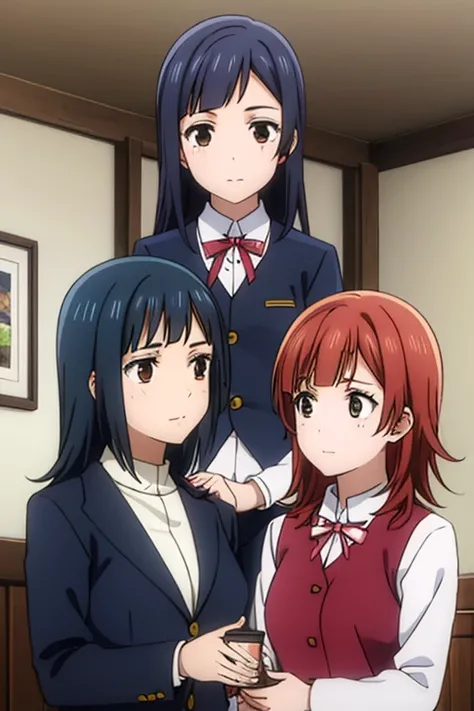 3 girls, all in brown checkered uniforms,  Maria xiquinha with red hair, one girl brown eyes and hair and the other girl with black hair