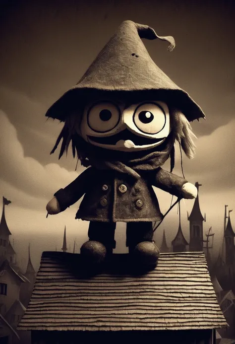 Fairy tale puppet cartoon character carlson who lives on the roof. completely darkened room, grainy, sepia, eerie setting, dark white tone. creepypasta - a rappers view from the shadows. style by charlie bowett, albert joseph penaud, dariusz zawadzki. tets...