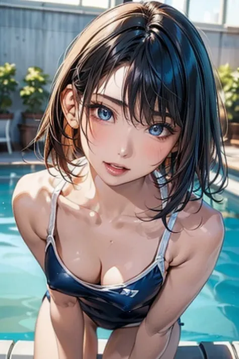 #Basics Girl posing for a photo, animeのかわいい女の子, (((One Girl, Baby Face, 16 years old))), 
BREAK 

#Clothing Accessories
((Swimsuit, barefoot)),   
BREAK 

#Features
(Blue Hair:1.4, Slicked Back Bangs, (Very short back hair + Cropped back hair)), 
(Droopy e...