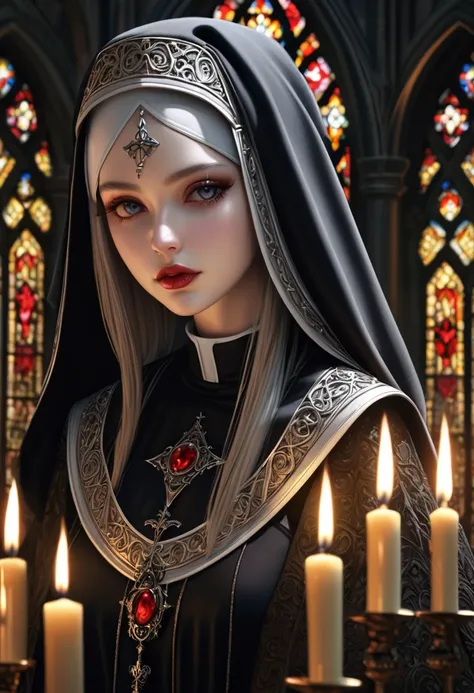 a gothic nun, intricate gothic architecture, stained glass windows, dim lighting, candles, religious iconography, somber mood, mystical aura, dramatic chiaroscuro lighting, detailed textures, ornate robes, pale skin, intense gaze, beautiful detailed eyes, ...