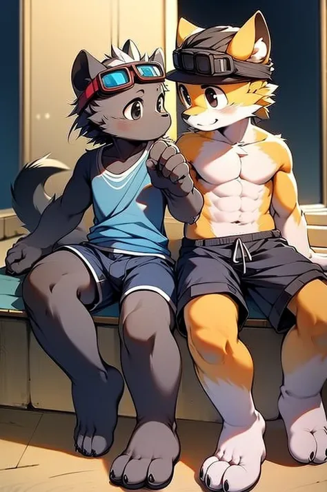 Hyena Boy，Gray fur，Topless, mammal, hairy，Black eyes，upscale hotel，Blue and black gradient swimming trunks quality，black fingerless gloves，goggles