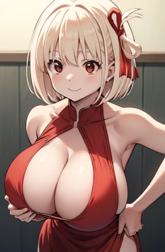 chisatonishikigi, nishikigi chisato, short hair, bangs, Blonde Hair, (Red eyes:1.5), hair ribbon, One side up, Bobcut,Huge breasts、smile、Confused eyes、(((grabs breasts)))、whole body、Maxi dress