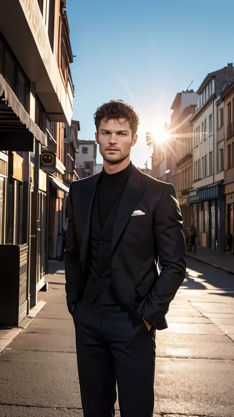 Jamie dornan, (a male model:1.1,photography:1.2),rich colors,sharp focus,highres,studio lighting,professional,portrait,stylish attire,intense gaze,confident pose,handsome features,urban backdrop,lens flare,striking composition