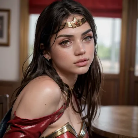 Realistic photo of a beautiful 18 year old ADAarmas, (best quality,ultra-detailed,realistic:1.2),beautiful detailed eyes,beautiful detailed lips, wearing a sexy wonder woman outfit