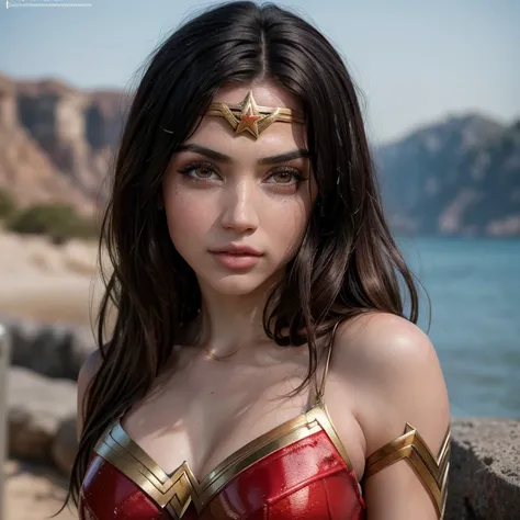 Realistic photo of a beautiful 18 year old ADAarmas, (best quality,ultra-detailed,realistic:1.2),beautiful detailed eyes,beautiful detailed lips, wearing a sexy wonder woman outfit