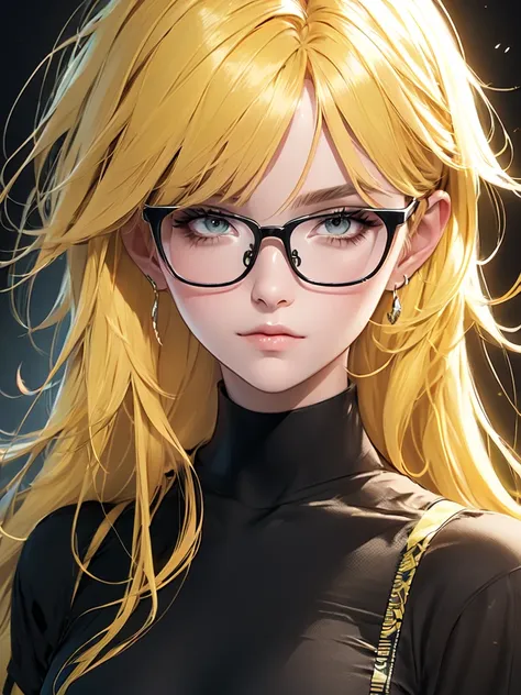 close-up image of a yellow-haired person female wearing a black shirt, digital art, glasses artwork in the  anime style. 8k, tre...