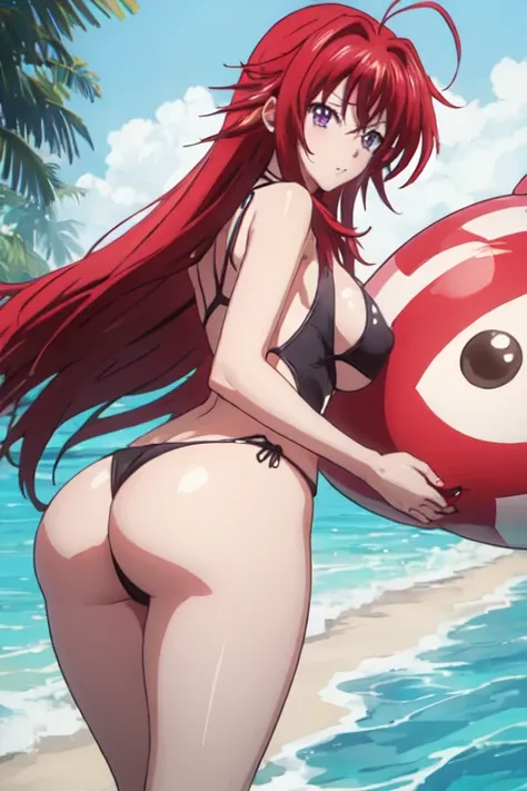 1chica, rias gremory, anime high school dxd, with full swimsuit, with one piece swimsuit with sexy thong, full swimsuit with purple thong vikini cut, de espaldas, Looking back,espalda bien detallada, trasero bien detallado, pezones marcados, marked nipples...