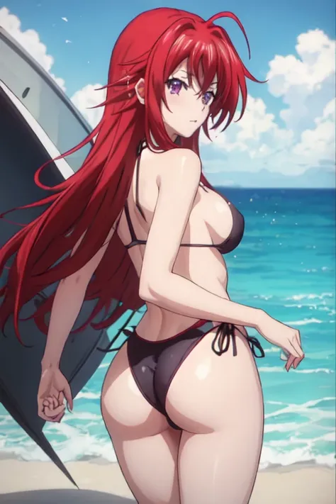 1chica, rias gremory, anime high school dxd, with full swimsuit, with one piece swimsuit with sexy thong, full swimsuit with purple thong vikini cut, de espaldas, Looking back,espalda bien detallada, trasero bien detallado, pezones marcados, marked nipples...