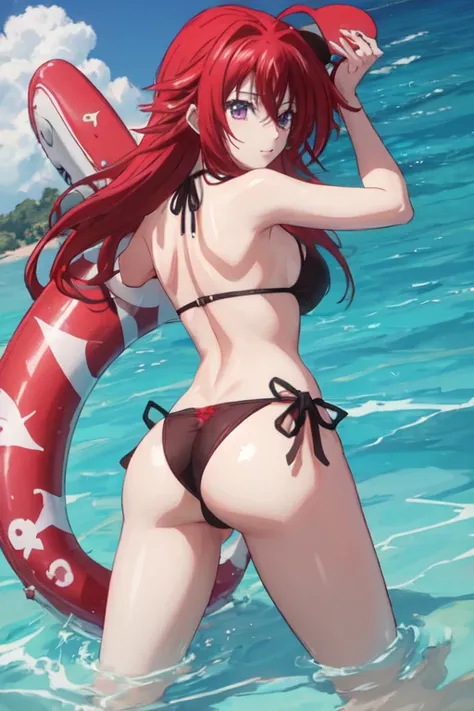 1chica, rias gremory, anime high school dxd, with full swimsuit, with one piece swimsuit with sexy thong, full swimsuit with purple thong vikini cut, de espaldas, Looking back,espalda bien detallada, trasero bien detallado, pezones marcados, marked nipples...