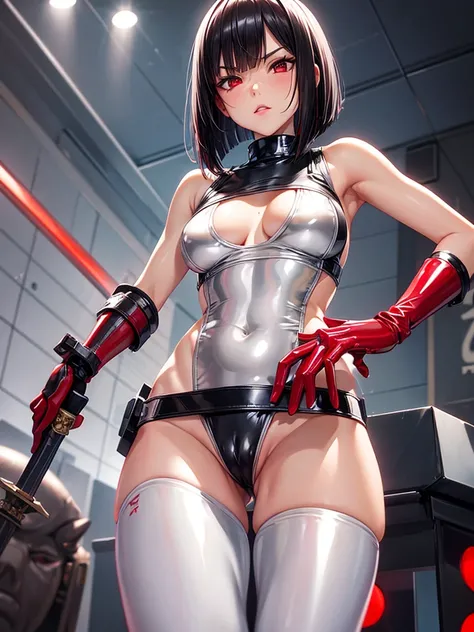 solo girl,Glossy metalic light silver tank top, tight latex shiny, Red interpolation color,Black hair bob,red eyes, camel toe, Samurai Sword,
Lift one leg, sexy lady,, naked girl,