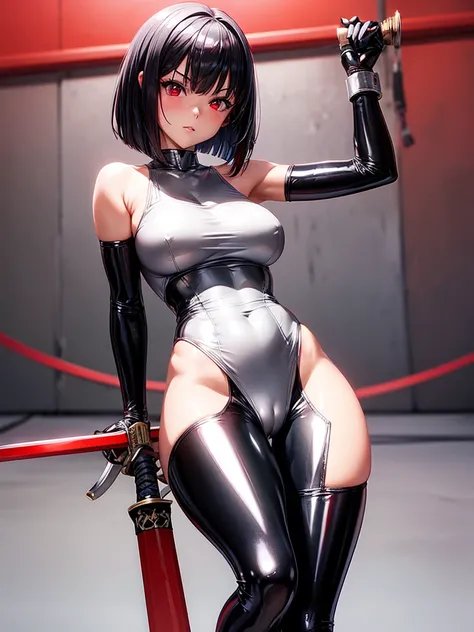 solo girl,Glossy metalic light silver tank top, tight latex shiny, Red interpolation color,Black hair bob,red eyes, camel toe, Samurai Sword,
Lift one leg, sexy lady,, naked girl,