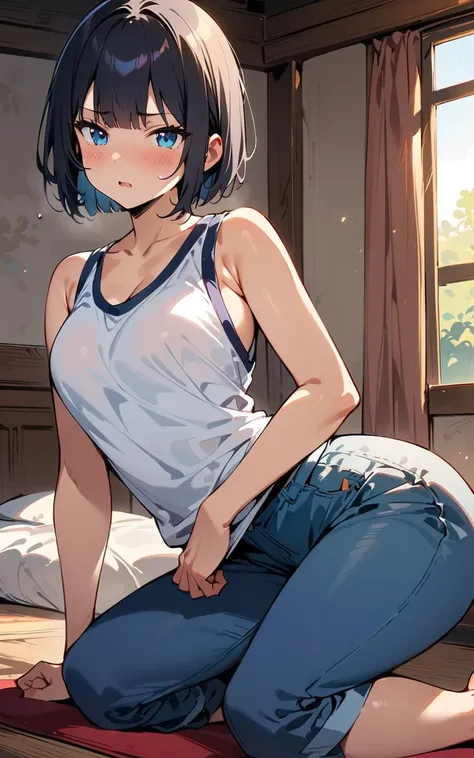 (masterpiece, highest quality:1.2), {best quality}, {very aesthetic}, {ultra-detailed}, {best illustration}, nsfw,training wear, yoga, yoga pose, sit, open legs, indoor, on bed,Bobcut, Bluish black hair、White sleeveless tank top，Blue Denim Shorts