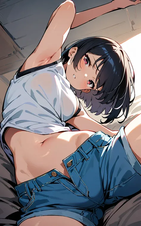 (masterpiece, highest quality:1.2), {best quality}, {very aesthetic}, {ultra-detailed}, {best illustration}, nsfw,stretch, forward bend, on bed,Bobcut, Bluish black hair、White sleeveless tank top，Blue Denim Shorts