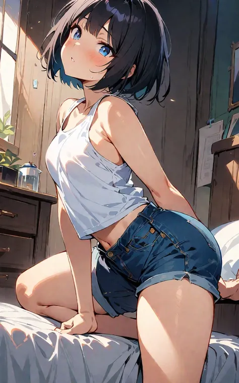 (masterpiece, highest quality:1.2), {best quality}, {very aesthetic}, {ultra-detailed}, {best illustration}, nsfw,stretch, forward bend, on bed,Bobcut, Bluish black hair、White sleeveless tank top，Blue Denim Shorts