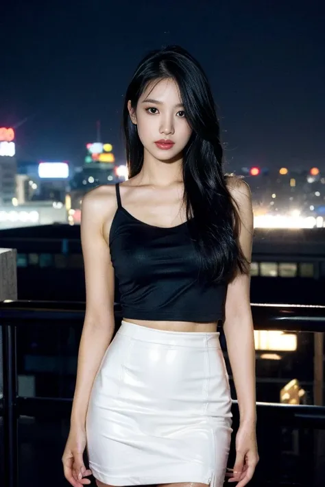 1 Taiwanese girl，cute，Overlooking the city，night，rain，damp，Hair and clothes soaked,Showing underwear,professional lighting，Photon Mapping，radio city、Physical Rendering、Gradient black hair、white hair、long hair、tight leather skirt、Sexy、Clear face、Detailed fa...