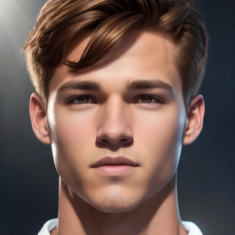 a handsome man, detailed face, beautiful brown eyes, sharp jawline, muscular body, stylish haircut, 1 man, digital art, cinemati...