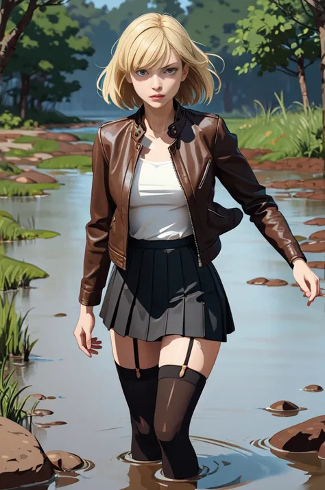 (Vector image:1.3) of (Simple illustration:1.3), woman in a leather jacket, skirt, stockings with garters, drowning herself off in a quicksand bog, provocative, horny, standing