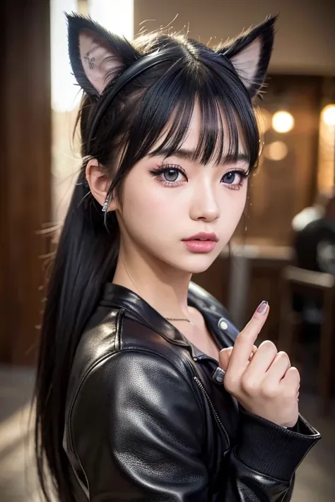 a cute japanese high school girl, innocent expression, low ponytail, ((cat ears)), heavy metal, leather jacket, spiked hair, black eyeshadow, black lipstick, piercings, punk hairstyle, middle finger raised, (best quality,4k,8k,highres,masterpiece:1.2),ultr...