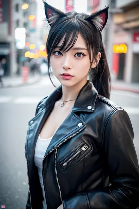 a cute japanese high school girl, innocent expression, low ponytail, ((cat ears)), heavy metal, leather jacket, spiked hair, black eyeshadow, black lipstick, piercings, punk hairstyle, middle finger raised, (best quality,4k,8k,highres,masterpiece:1.2),ultr...