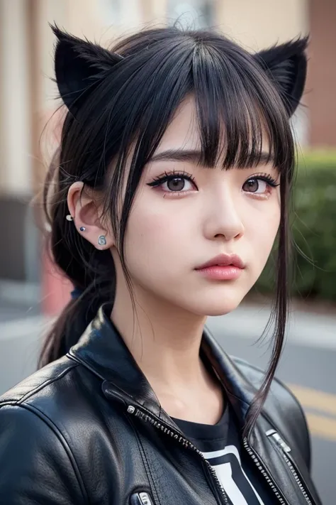 a cute japanese high school girl, innocent expression, low ponytail, ((cat ears)), heavy metal, leather jacket, spiked hair, black eyeshadow, black lipstick, piercings, punk hairstyle, middle finger raised, (best quality,4k,8k,highres,masterpiece:1.2),ultr...