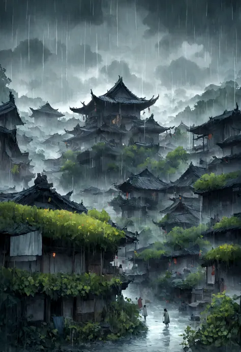 A small village of the Zhuang people in Guangxi， dark stormy clouds, Thunder and lightning, hard rain pouring straight down. Floodwaters flooded the village, Hybrid crops, Homeless, They stood in the rain, Hope for rescue. Their faces were filled with sadn...