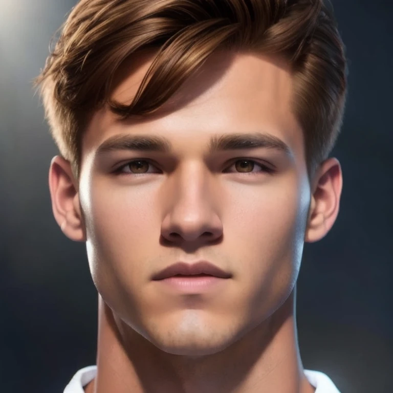 a handsome man, detailed face, beautiful brown eyes, sharp jawline, muscular body, stylish haircut, 1 man, digital art, cinemati...