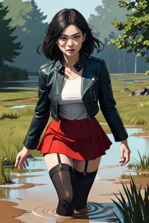 (Vector image:1.3) of (Simple illustration:1.3), woman in a leather jacket, skirt, stockings with garters, drowning herself off in a quicksand bog, provocative, horny, standing, red, green, blue, black