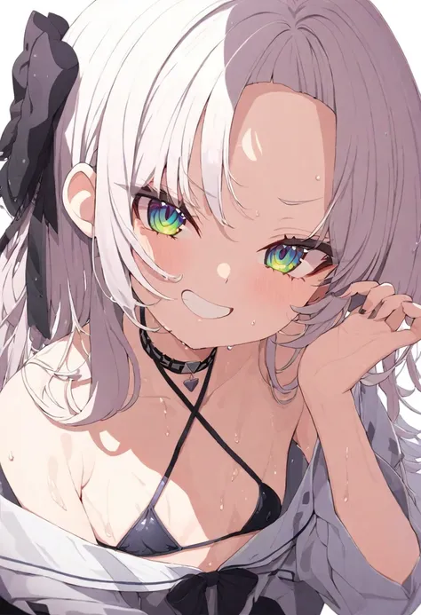 (masterpiece), (best quality), perfect face, beautiful girl, white background background, delicate and beautiful face and eyes, dark intense shadow, 1 girl, vtuber style, cool girl, hololive, Murasaki Shion, bikini, wet body, small chest, cropped shoulders...