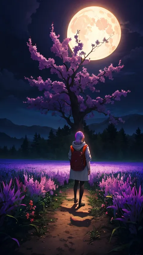 Expansive landscape photograph, (look from down，The sky and wilderness below can be seen), (((little girl standing in a flower field looking up))), (full moon: 1.2), (meteors: 0.9), (Starcloud: 1.3), Far Mountain, Tree BREAK Production Art, (Warm light sou...