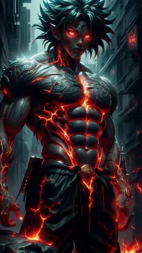 (absurdres, highres, ultra detailed)(masterpiece), (extremely intricate:1.3), (realistic),cyberpunk city,Cinematic Lighting,4k,(masterpiece), (1Broly:1.2),upper body, nvwashireg, burnt clothes,(glowing skin:1.3),(((molten rock skin)))