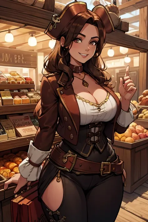 a brown haired woman with copper eyes and an hourglass figure in a pirate's outfit is shopping in the market of a pirate ccity w...