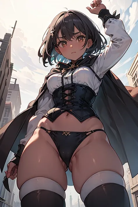 1girl,(8k, RAW photo,high quality:1.1), High-definition photo,(petite),closeup Waist,crotch Focus,faint smile,Beautiful thighs,thick thighs,tender thighs,(dark skin:1.1),hot pants,Groin,(underboob:1.1),Slingshot,oily skin,long sleeves,Thigh-high socks,cors...