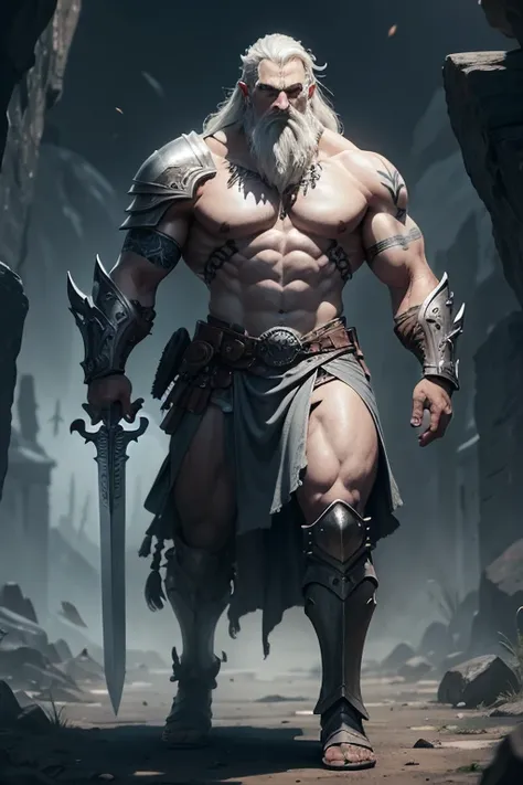 Warrior carved from stone, stone man, made of stone, gray skin, face tattoos, grey, armor, armor, armor, plate armor, giant, Shield and Sword. Закованный в armor. Magic around and the cave. Goliath, DND, warrior, gray skin, tattoo, plate armor, shield, swo...