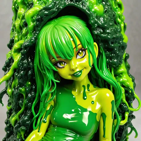 Slime, (monster girl), green slime with darker green, dripping with yellow ooze, clothed, masterpiece, best quality