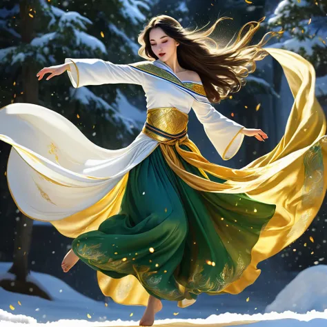 Masterpiece, best quality, realistic, (1 girl: 1.3), blue gold white clothes, shawl long hair, jump, leap, dance, green gold white clothes, long skirt, long scarf, flowing, light armor, snow white skin, bare shoulders, full body, (from below:1.5), martial ...