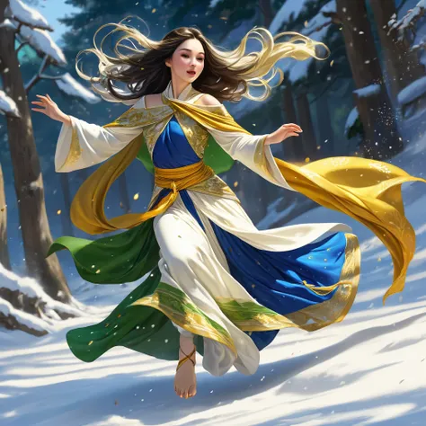 Masterpiece, best quality, realistic, (1 girl: 1.3), blue gold white clothes, shawl long hair, jump, leap, dance, green gold white clothes, long skirt, long scarf, flowing, light armor, snow white skin, bare shoulders, full body, (from below:1.5), martial ...