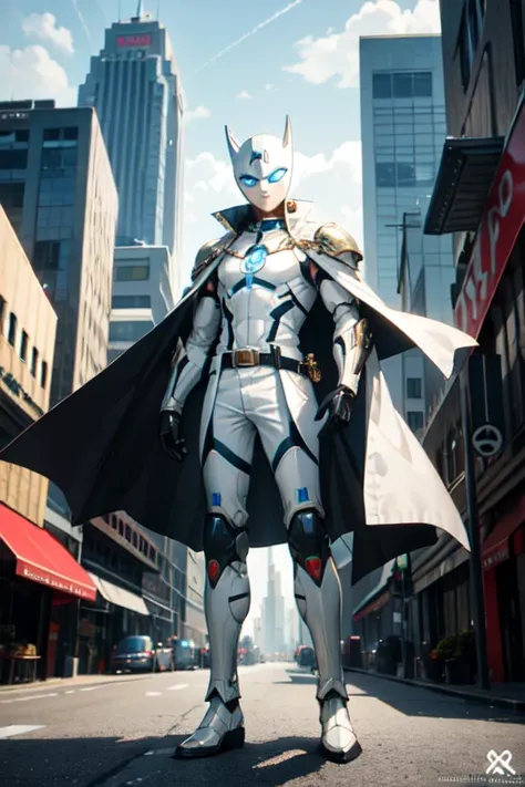 ((best quality)), ((masterpiece)), (detailed), 1 boy in a trench coat standing on a building, full body, 19 years old, masked, white mask covering his entire head and hair, superhero mask, black protective glasses, blue eyes, black face mask, tall and slen...