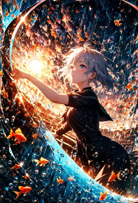 (woman(student, 15 years old, JK, short hair, Silver Hair, Flowing hair, Cosmic eyes, Black sailor suit(high school), Pale skin, Tired face, Eyes without luster) look up to the sky), (Many goldfish swimming in the air), Beautiful sky, Beautiful clouds, In ...