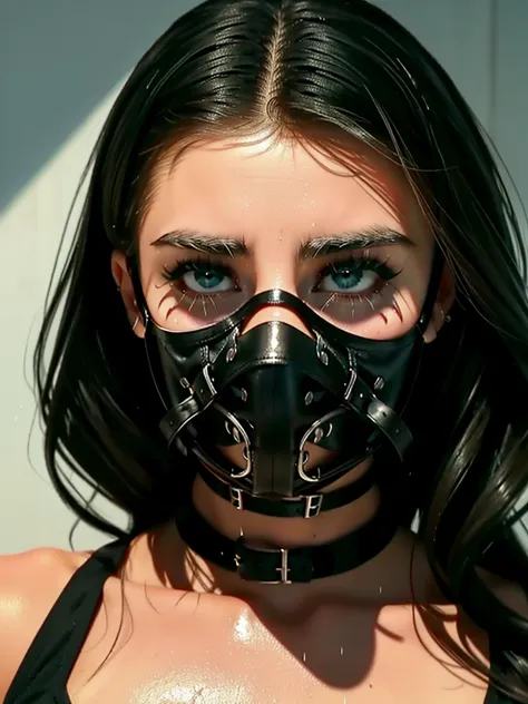 (selena gomez, bdsm, bondage, muzzle mask, drool dripping, drool dangling, breathplay), 8k, realistic, drooling, pleading eyes, ...