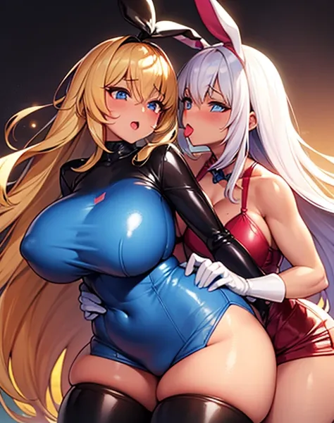 Two sexualized brown skinned bunny girls bimbos, french kissing each other, saliva, tongue, kiss, lesbiana, yuri, hot, steam wide hips, unrealistically huge breast, thick thighs, latex full body suit, blonde long hair, blue eye, walking in a field, fluster...