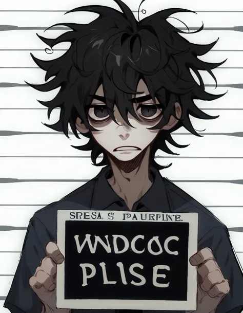 1boy, shirt grunge, sketchy lines, messy hair, black hair, black pupils, police mugshot, holding sign,  score_8_up, score_9_up,