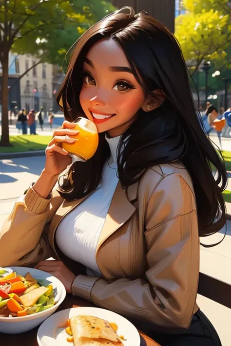 a stunning black haired woman with brown eyes with an hourglass figure is eating lunch in a park with a big smile