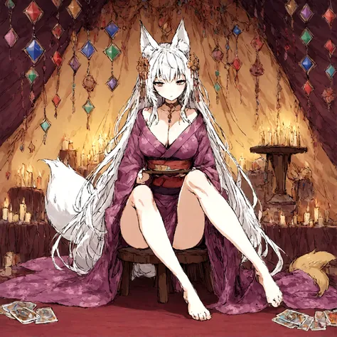 a sexy milf, has very long white hair, breasts, showing cleavage, has fox ears, wearing sakura kimono, in a gypsy tent, reading a crystal ball and surrounded by tarot cards, surrounded by candles, mystical, showing legs, sitting on cloth laden stool, has a...