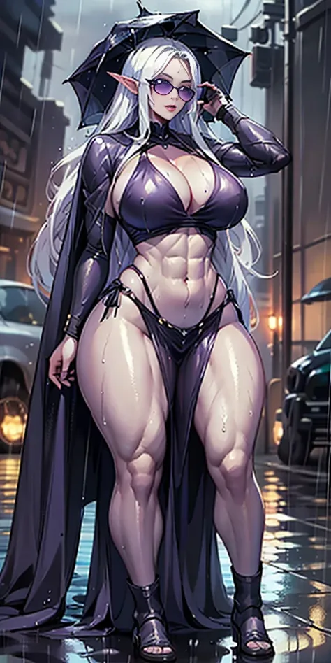 Full body, masterpiece, 1solofemale drow elf purple skin standing pose (yellow tiger bikini) red cape, red bikini, long white hair, strong body, abs, Ultra Quality, shiny skin, Atmospheric, 8K, Cinematic ((Street background)) BREAK, sunglasses (wet rainy, ...