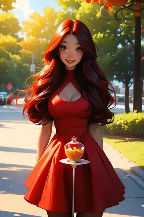 A pretty red haired woman with red eyes and an hourglass figure in a pretty summer dress is feeding a stunning black haired woman with brown eyes with an hourglass figure in a park with a big smile
